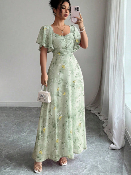 Floral Lotus Leaf Sleeves Sweetheart Collar Vacation And Leisure Maxi Dresses