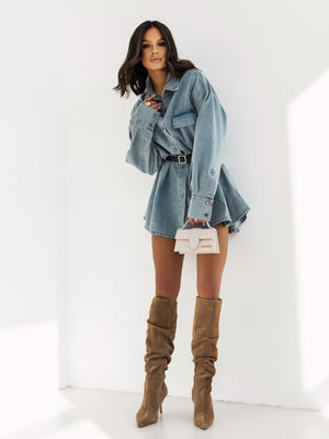 Long Sleeve Pocket Distressed Retro Loose-fit Denim Shirt Dress
