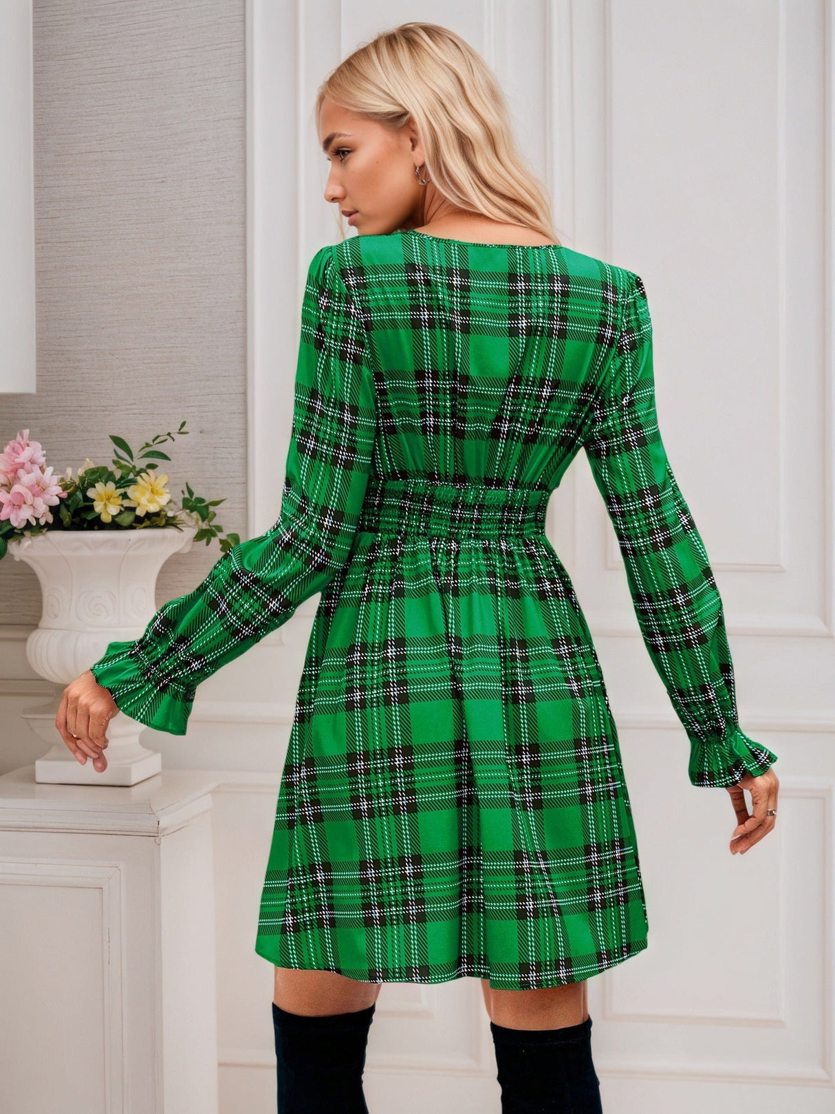 V-neck Tie-up Plaid Christmas Red Green Long Sleeve Bow Holiday Party Short Dress