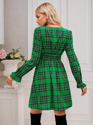 V-neck Tie-up Plaid Christmas Red Green Long Sleeve Bow Holiday Party Short Dress