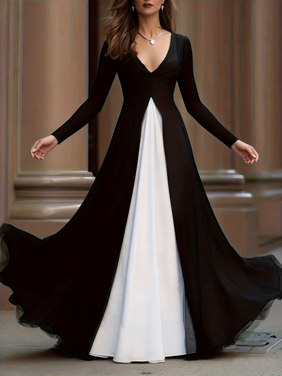 Black And White Color Blocking Splicing Swing Skirt Maxi Dresses