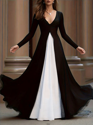 Black And White Color Blocking Splicing Swing Skirt Maxi Dresses