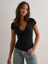 Deep V-neck Solid Color Slimming And Waist-cinching Short-sleeved T-shirt
