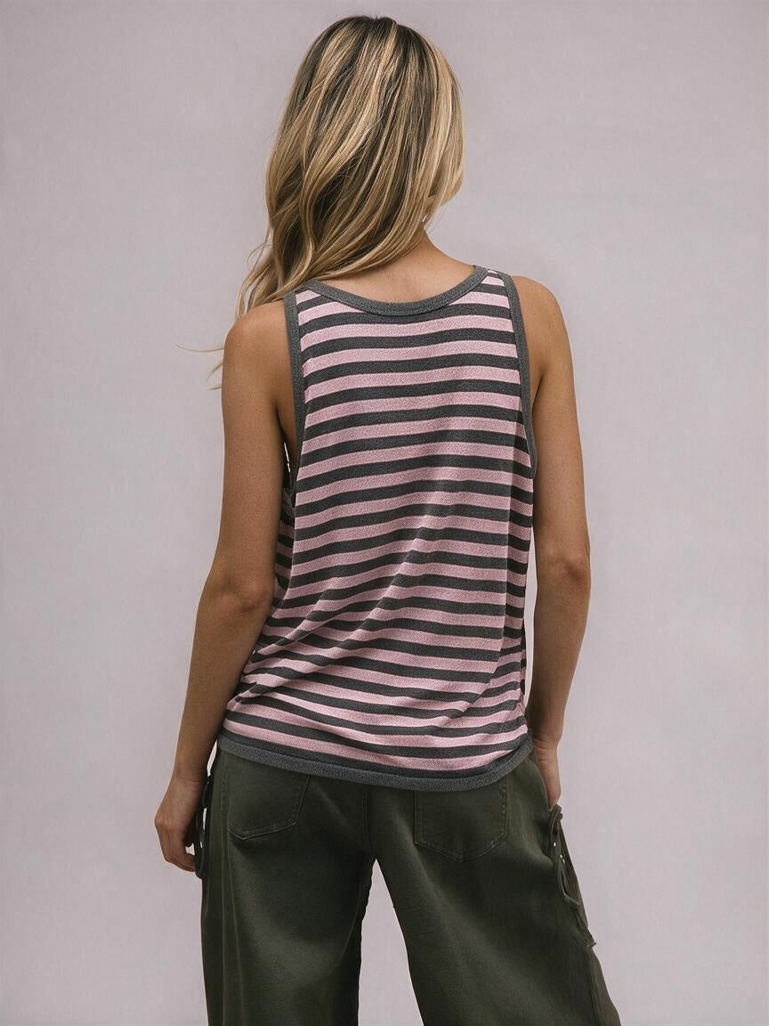 Linen-Blend Striped Scoop-Neck Knit Tank