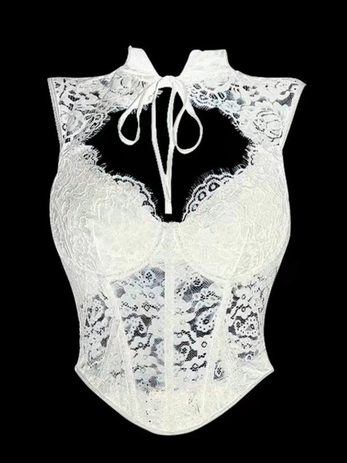 Lace Patchwork Hollow Out Neck Strap Waist-cinching Fishbone Tank Tops&Camis