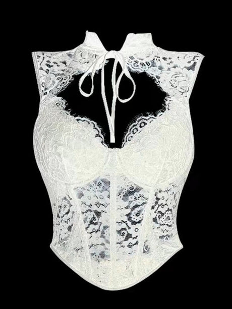 Lace Patchwork Hollow Out Neck Strap Waist-cinching Fishbone Tank Tops&Camis