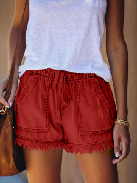 Elastic Waistband Tassel Pocket Straps Washed Jeans