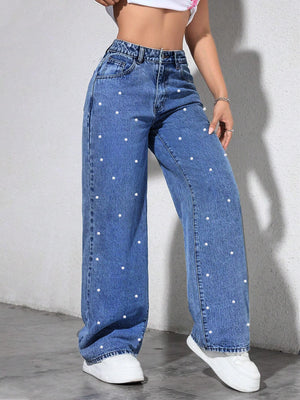 Women's Autumn/Winter Pearl-Embellished Wide-Leg Jeans