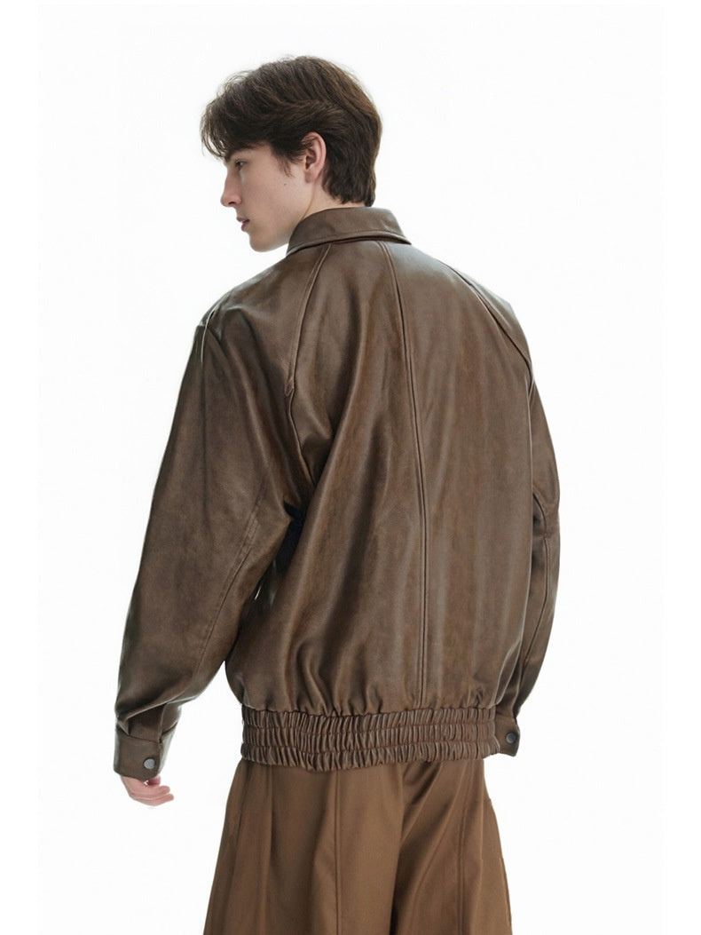 Retro Locomotive Cleanfit Deconstruction Splicing Leather Jacket