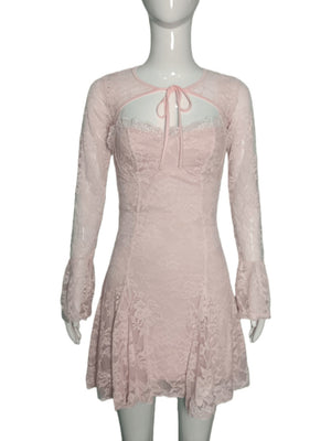 Lace Patchwork Hollow Out Straps Flared Long Sleeves Mini&Short Dresses