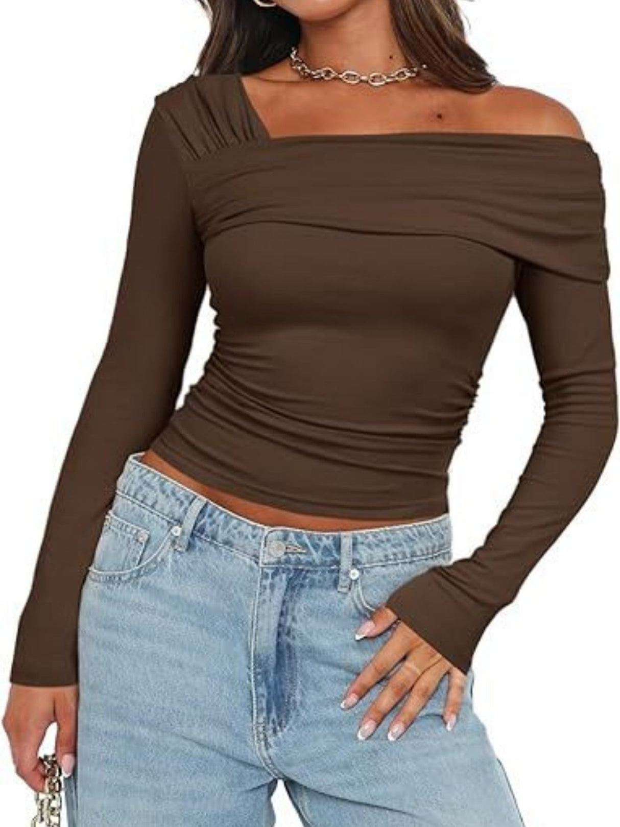 Y2K Pleated Slim Fit One-shoulder Long Sleeve T-shirts
