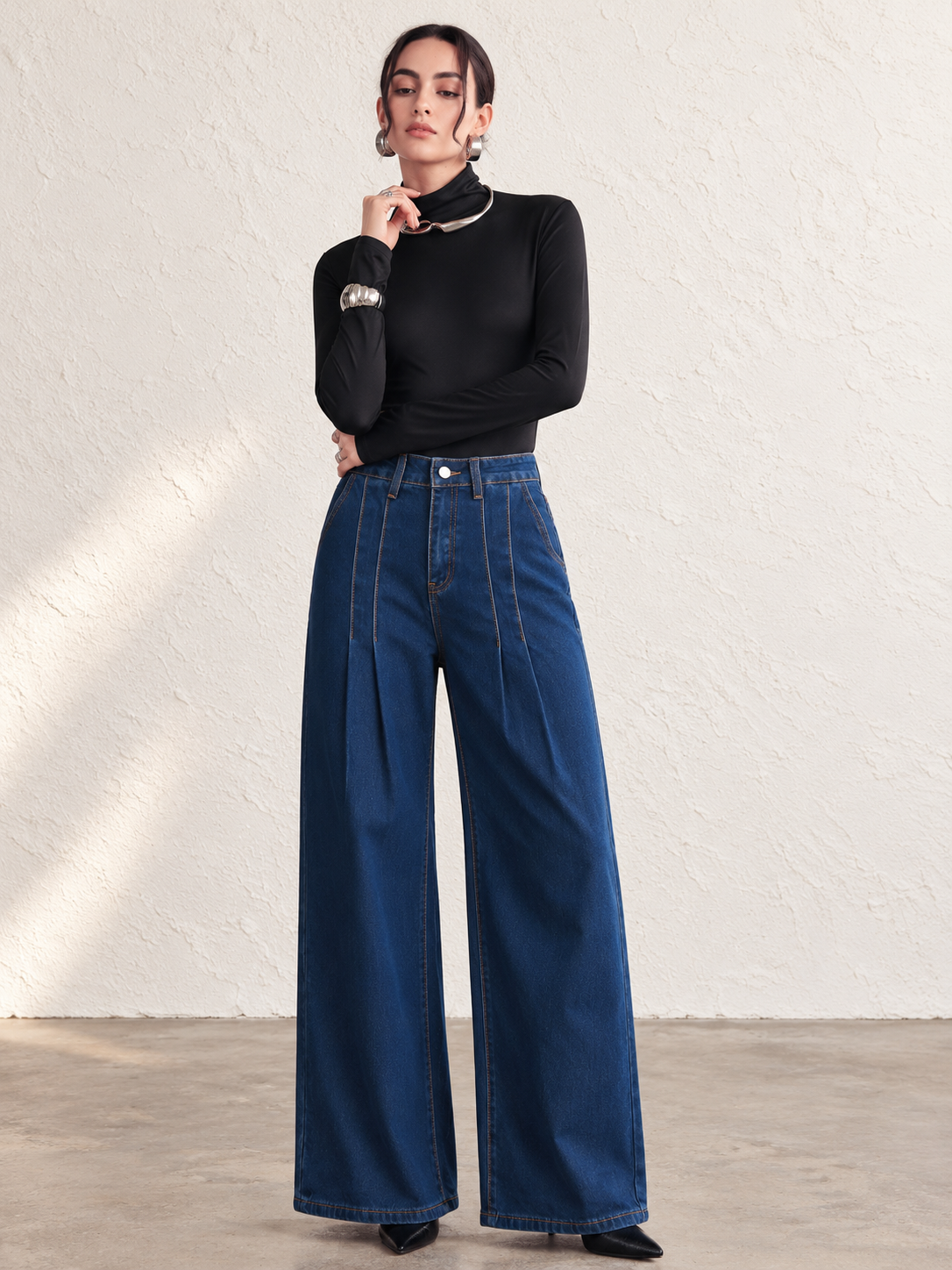 Women's Dark Washed High-Waisted Pleated Wide-Leg Jeans For Autumn/Winter