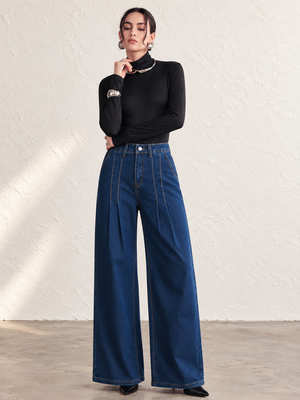 Women's Dark Washed High-Waisted Pleated Wide-Leg Jeans For Autumn/Winter