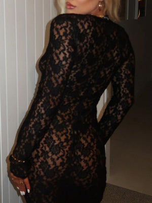 Lace See-through Sexy Mesh Round Neck Long Sleeve Maxi Dresses
