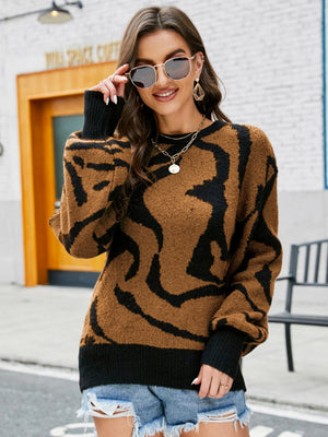 Liber Autumn Women's Contrasting colors Zebra print Sweaters Long sleeve Crew Neck Short top