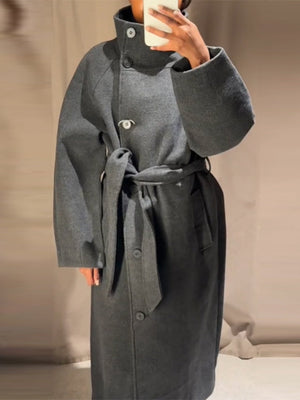 Waist-cinching Wool Coat Stand-up Collar Tie Coats