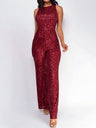 Sleeveless Sequins Slim Fit Crew Neck Wide Leg Jumpsuits