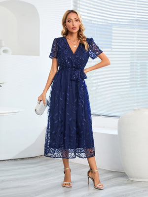 Embroidery And Glitter Mesh Dress V-neck Short Sleeve Maxi Dresses