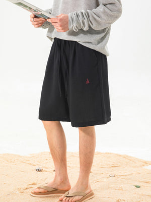 Imitation Linen Lightweight Color-blocked Embroidery Loose-fit Five Points Shorts