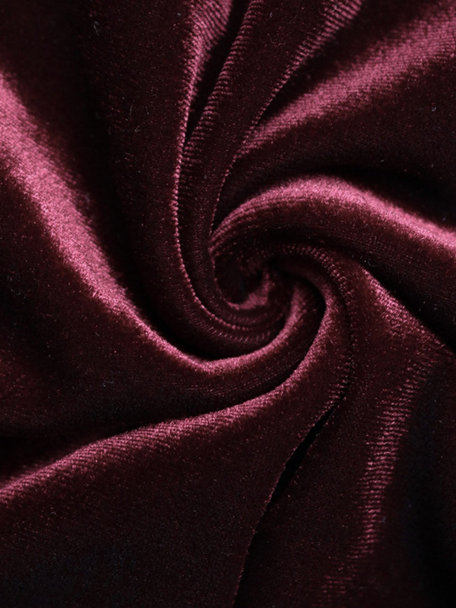 Long-sleeved Square Neckline Burgundy Velvet Slit Formal Dinner Cocktail Party Christmas Midi Dress