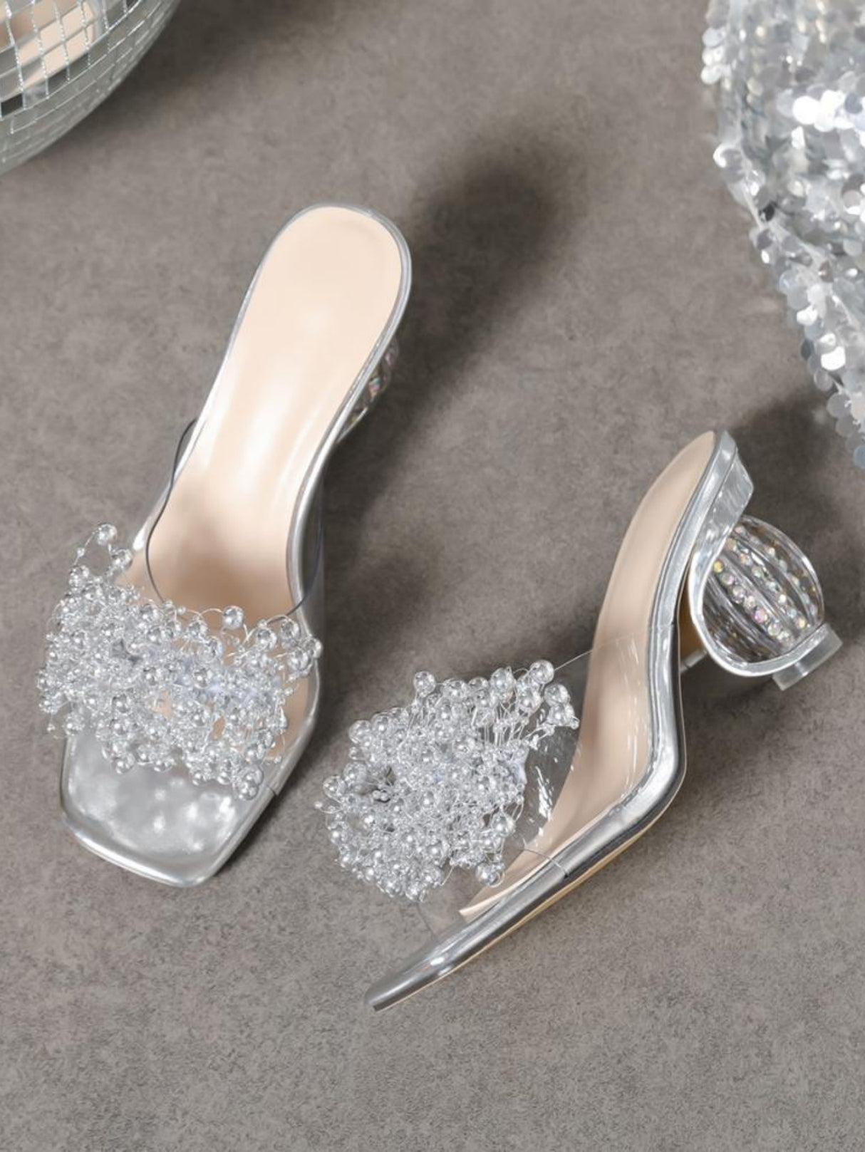 Beaded Flower Transparent High-Heeled Sandals