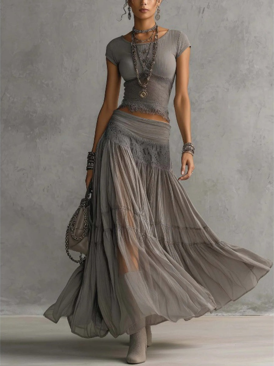 Grey Knitting Jacket Chiffon Long Skirt Set 2-piece Sets