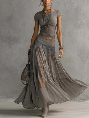 Grey Knitting Jacket Chiffon Long Skirt Set 2-piece Sets