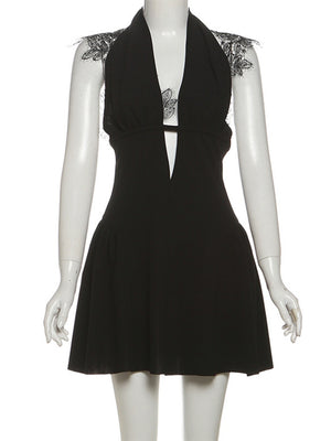 Lace Patchwork Halter Neck Deep V-neck Mini&Short Dresses