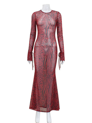 Leopard Print Backless Round Neck Long Sleeve Fish Tail Maxi Dresses