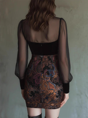 Mesh Splicing Printed Hip-hugging Mini&Short Dresses