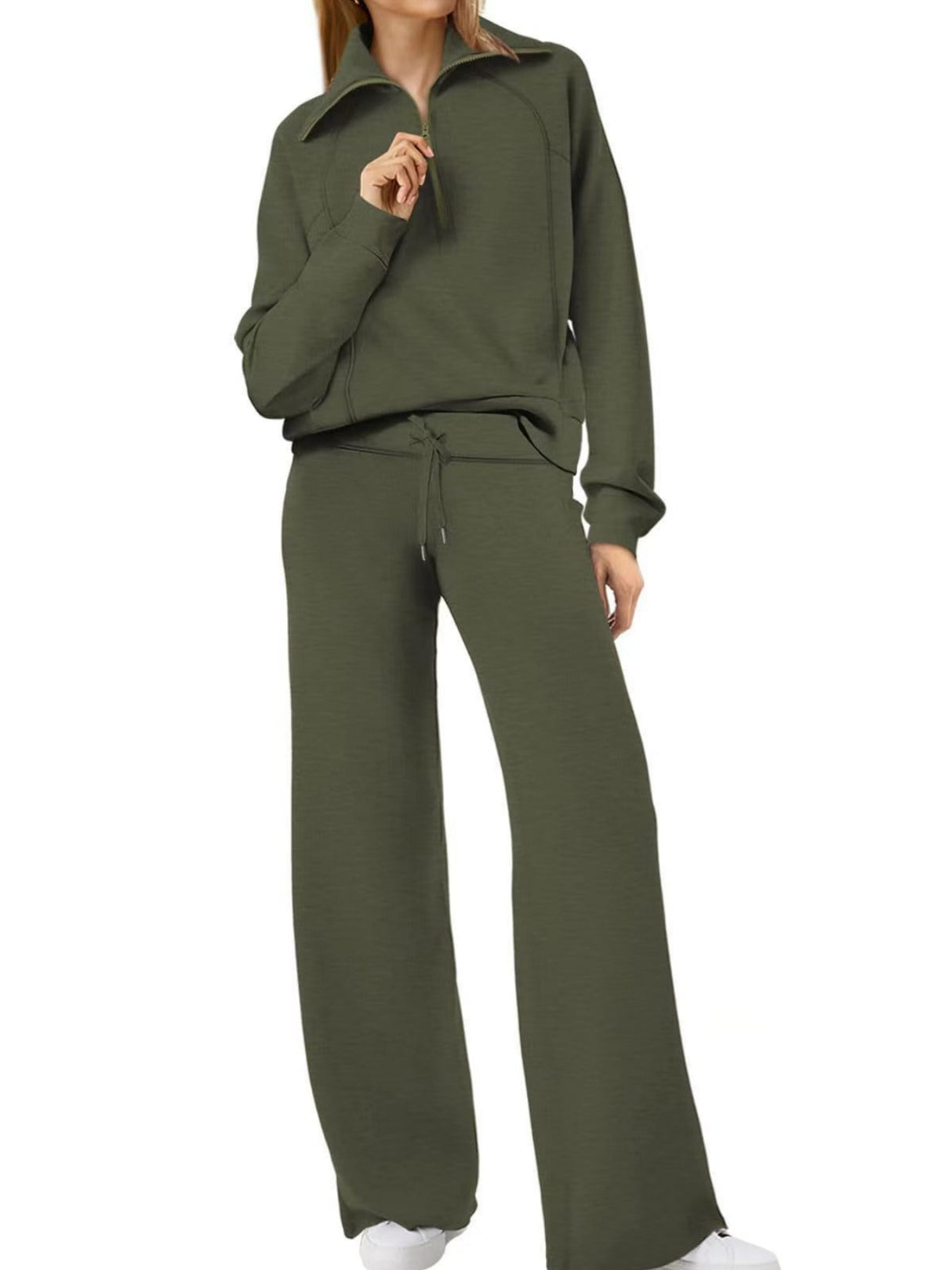 Women's Casual Sportswear Set: Zippered Long-Sleeved Sweatshirt And Wide-Leg Pants Two-Piece Set