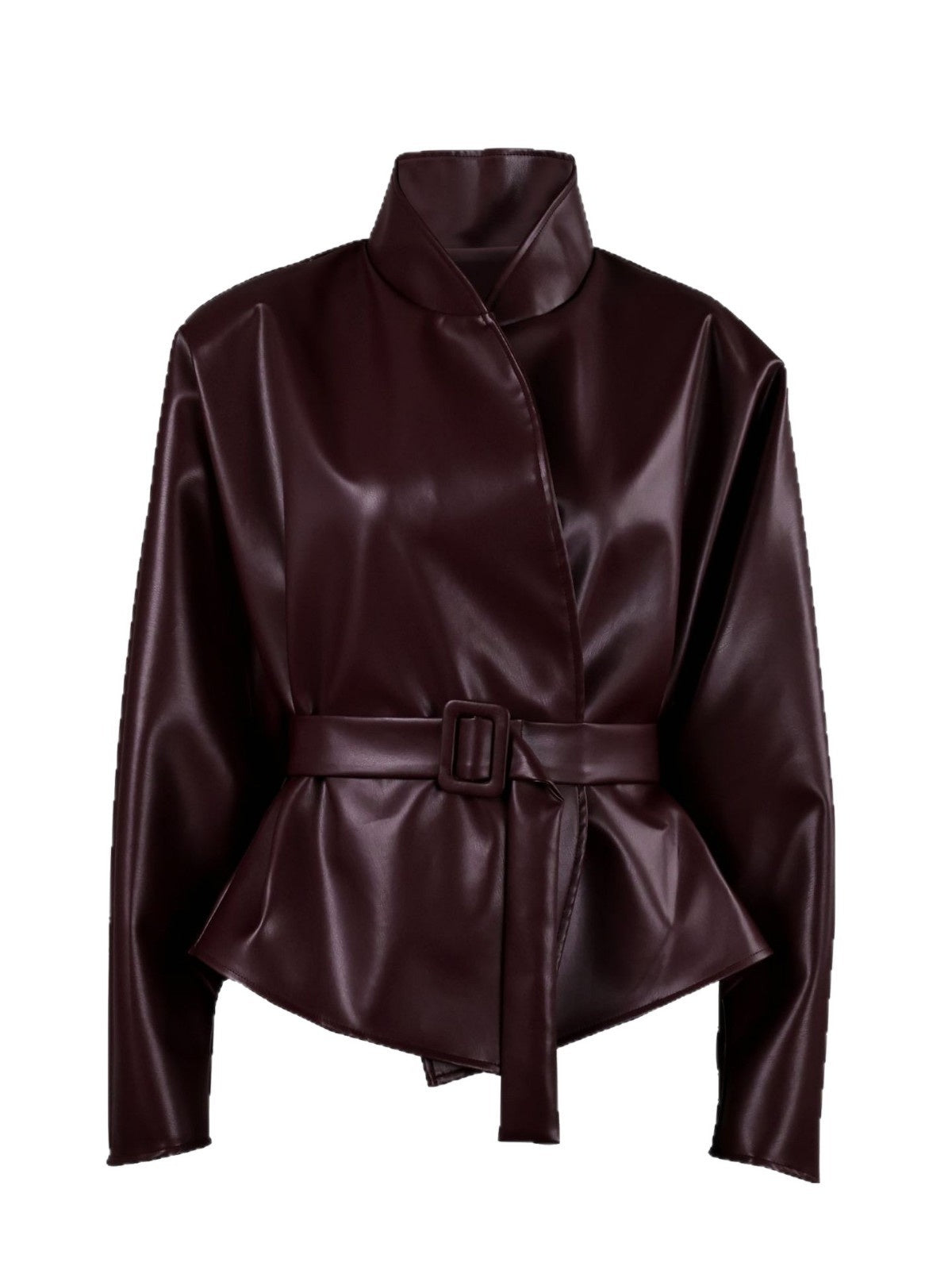 PU Leather Long-sleeved Jacket With A Fitted Waist