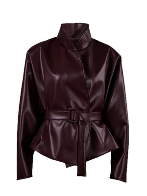 PU Leather Long-sleeved Jacket With A Fitted Waist