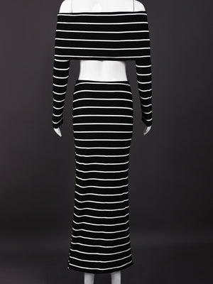 Striped Color Blocking Off-shoulder Long-sleeved T-shirt Long Bodycon Skirt 2-piece Sets