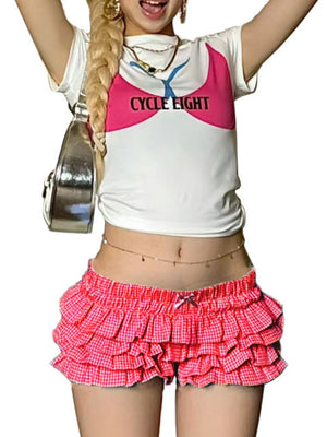 Y2K Checkered With Bow Multi-layered Wavy Lace Sweet Shorts