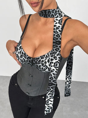Leopard Print Color Blocking Buttons Fish Bones Tank Tops&Camis