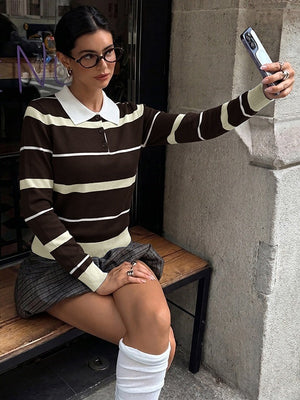 Preppy Style Striped Color-blocked Polo Collar Long-sleeved Fitted Sweater