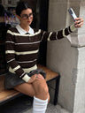 Preppy Style Striped Color-blocked Polo Collar Long-sleeved Fitted Sweater