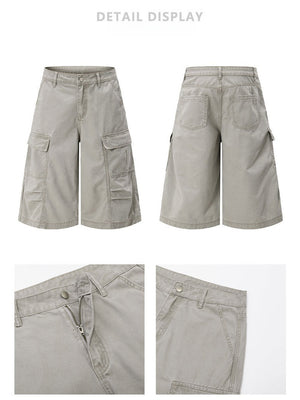 Washed Pleated Multiple Pockets Tooling Baggy 7 Points Shorts