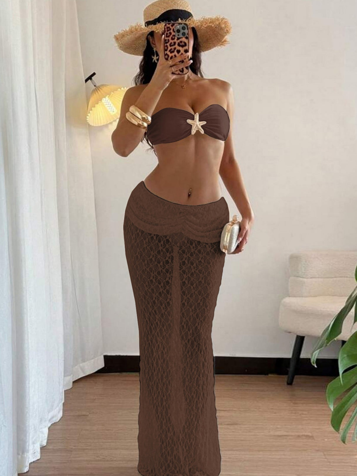 Lace Straps Pleated Navel Exposed Strapless Lace Maxi Dress 2-piece Sets