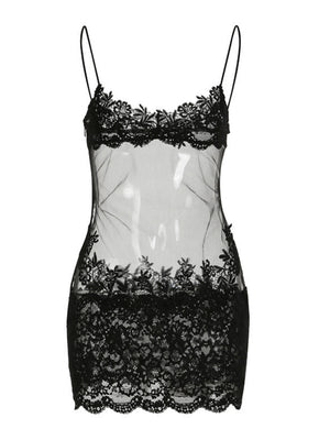 Sheer And Sexy Short Suspender Dress With Mesh Lace Trim
