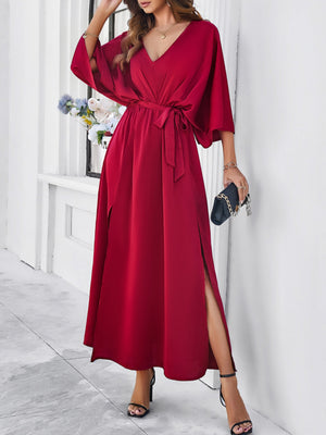V-neck Tie High-waisted Slit Grace Maxi Dresses