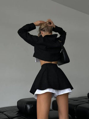 Liber Autumn women's contrasting navel-baring clothing Short Long sleeve Shirt Short skirt two-piece suit