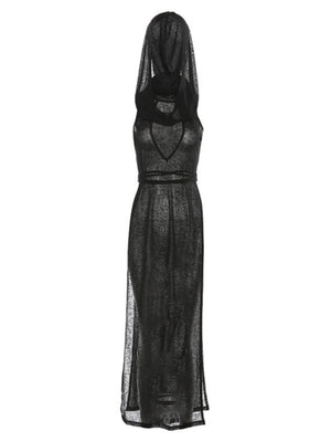 Mesh Splicing Hooded Sleeveless High Fork Maxi Dresses