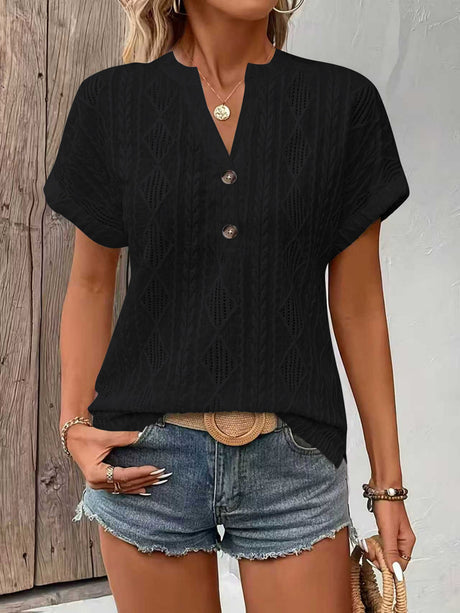 Knitting Buttons V-neck Short Sleeve T-shirts