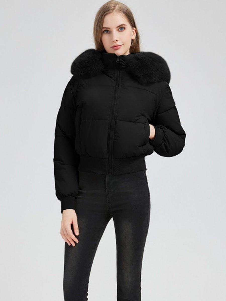 Hooded Fleece-lined With Fur Collar Short Leisure Outdoor Cotton-padded Clothing