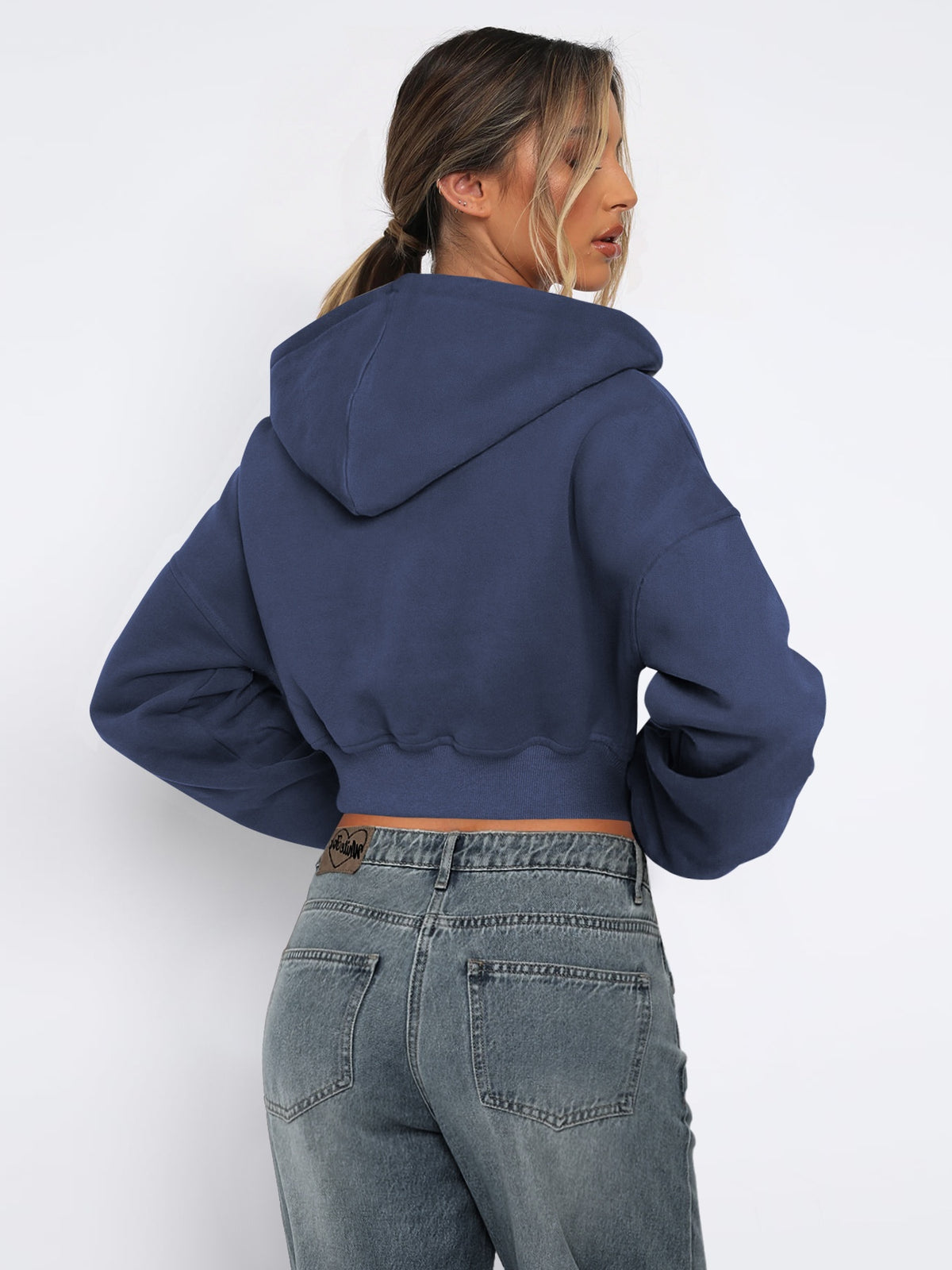 Women's Autumn/Winter Solid Color Zipper Cardigan Long Sleeve Short Hooded Sweatshirt