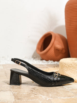 Pointed-toe Embossed Patchwork Open-back High Heels