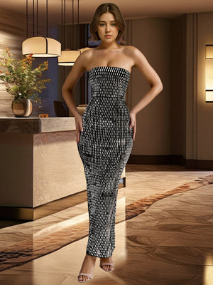 Strapless Rhinestone Hip-hugging Mesh Sequins Dinner Cocktail Maxi Dress