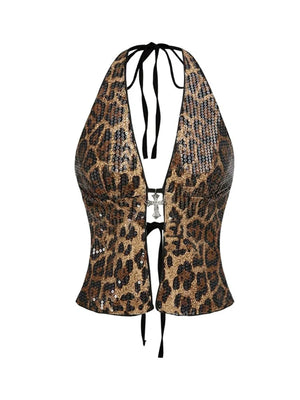 Sequins Leopard Backless Halter Parties Tank Tops